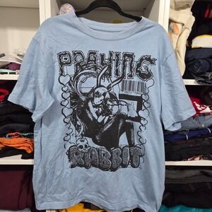 Praying Rabbit Mens Graphic T-Shirt Light Blue Anime Bunny Streetwear Large L